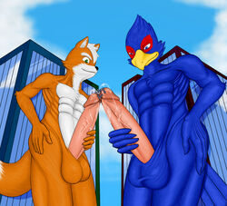 anthro avian canine color day falco_lombardi fox fox_mccloud fur furry furry_only gay interspecies macro male male_only micro multiple_males nintendo no_humans outdoors penis pheasant precum size_difference star_fox video_games wolf wolf_o'donnell yaoi