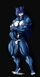 2011 abs anthro b9tribeca biceps blue breasts bulge canine cum dripping extreme_muscles female fingering flexing hair hopey long_hair masturbation muscles nipples nude penetration pose pussy pussy_juice solo standing tail vaginal_penetration wolf