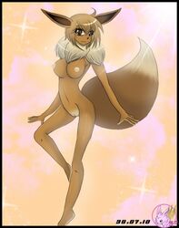 5_fingers anthro black_nose breasts brown_eyes brown_fur brown_hair closed_mouth color eevee female female_only front_view fur furry furry_breasts furry_ears furry_tail hair looking_at_viewer namie_(artist) nipples nude open_eyes pointy_ears pokemon pokemon_(species) pussy short_hair solo standing tail uncensored vulva