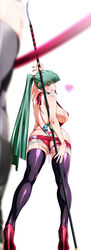 ass back blurry breasts denim denim_shorts depth_of_field green_eyes green_hair high_heels highres huge_breasts long_hair long_image muv-luv pole_arm polearm ponytail pussy shino_(comic_penguin_club) shoes shorts tall_image thighhighs thunderthighs tied_hair tongue torn_clothes tsukuyomi_mana very_long_hair weapon