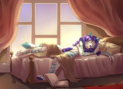 anthro balls bed blue_hair claws curtains feline femboy furry kinsheph knot male male_only mammal paws penis rena_dyne saber-toothed_cat sleeping solo twink window