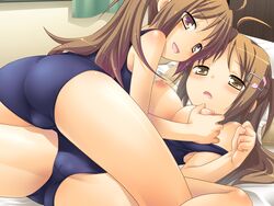 2girls blush breast_grab breasts brown_hair famima female game_cg multiple_girls nipples school_swimsuit swimsuit yuri