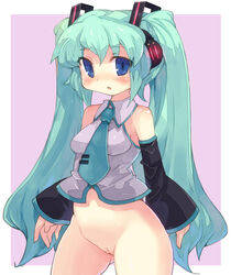 aqua_hair blue_eyes bottomless detached_sleeves fat_mons hatsune_miku headphones long_hair necktie pussy solo tied_hair tsuderou twintails uncensored vocaloid