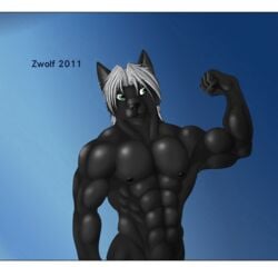 1boy 2011 anthro black black_nose bulge canine flexing fur furry green_eyes grey_hair hair male male_only muscles nipples nude pose solo wolf zwolf zwolf_(character)