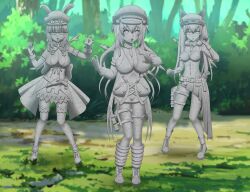 3girls big_breasts breasts cleavage cleavage_overflow dress forest multiple_girls original original_character petrification petrified ripsaw72a3 scared statue surprised sword thighhighs thighs