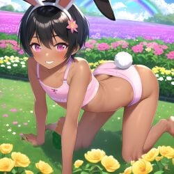 1boy ai_generated all_fours ass ass_focus big_ass big_butt black_hair bunny_ears bunny_tail crop_top femboy flower garden girly looking_at_viwer looking_back novelai panties pink_eyes presenting_hindquarters rabbit_ears rabbit_tail rainbow rear_view short_hair smile smiling smiling_at_viewer