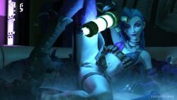 1girls 2023 3d asymmetrical_clothes asymmetrical_legwear bottomless elbow_gloves eroguysensei female female_only fingerless_gloves gloves holding_gun holding_object holding_weapon jinx_(league_of_legends) league_of_legends long_gloves looking_at_viewer presenting_pussy small_breasts solo spread_legs stylized thighhighs