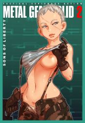 1girls bare_midriff belt big_breasts border breasts camouflage clothing_lift collarbone eyelashes female female_only flashing_breasts forehead gloves gray_eyes gray_hair groin gun hips justrube lifted_by_self lips mature_female metal_gear metal_gear_solid metal_gear_solid_2 midriff navel nipples no_bra oiled_body olga_gurlukovich open_fly pants perky_breasts petite_body petite_female rube scar scar_on_face shiny_skin shirt shirt_lift short_hair silver_hair slim solo standing stomach striped_clothing suspenders tagme tomboy underwear very_short_hair