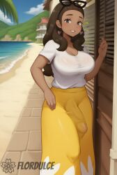 ai_generated beach brown_hair clothed_futanari erection erection_under_clothes erection_under_dress flordulce fully_clothed futa_only futanari glasses long_hair looking_at_viewer milf mother_(pokemon_sm) outdoors outside pokemon pokemon_sm seductive_smile smile smiling solo solo_futa standing water white_shirt yellow_skirt