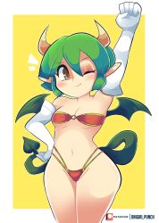 1girls 2023 bikini blush bra draco_centauros dragon dragon_girl fangs female female_only gloves green_hair horns light-skinned_female light_skin long_gloves navel onigiri_punch panties puyo_puyo short_hair simple_background small_breasts solo solo_female tail thick_thighs wings yellow_background yellow_eyes