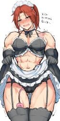 1girls abs absurd_res athletic_female biceps big_breasts blush embarrassed harurukan hi_res japanese_text lifting_skirt maid_uniform muscular muscular_female muscular_thighs original original_character red_hair sex_toy solo thick_thighs