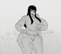 bangs black_and_white huge_breasts indifferent large_breasts larger_female long_hair mctamagomaki power_(powerslamming) powerslamming size_difference sketch smaller_male thick_thighs torn_clothes