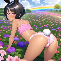 1boy ai_generated all_fours ass ass_focus big_ass big_butt black_hair bunny_ears bunny_tail crop_top femboy flower garden girly looking_at_viwer looking_back novelai panties pink_eyes presenting_hindquarters rabbit_ears rabbit_tail rainbow rear_view short_hair smile smiling smiling_at_viewer