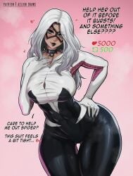 1girls aelion_draws bad_anatomy black_cat_(marvel) blue_eyes breasts choker clothed dialogue english_text felicia_hardy female female_only hips huge_breasts hyper_thighs light-skinned_female light_skin lipstick long_hair looking_at_viewer marvel marvel_comics massive_thighs smile solo spider-gwen_(cosplay) spider-man_(series) text thick_thighs thigh_gap thighs thunder_thighs white_hair wide_hips