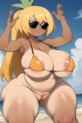 ai_generated blonde_hair chilling daidouji_(artist) gigantic_breasts long_hair micro_bikini pineapple_toppin pizza_tower smile sunglasses tanned tanned_skin tinted_eyewear toppin_gals toppin_gals_minus8 wide_hips