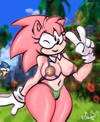 1boy 1girls amy_rose anthro big_breasts big_thighs bikini breasts bumper_bra classic_amy_rose female furry hips male patatero69 pink_body pink_fur sonic_(series) sonic_bra sonic_style_clothing sonic_the_hedgehog sonic_the_hedgehog_(series) spring_bra staring staring_at_viewer