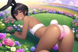 1boy ai_generated all_fours ass ass_focus big_ass big_butt black_hair bunny_ears bunny_tail crop_top femboy flower garden girly looking_at_viwer looking_back novelai panties pink_eyes presenting_hindquarters rabbit_ears rabbit_tail rainbow rear_view short_hair smile smiling smiling_at_viewer