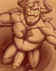 1boy 2023 alternate_species anthro artist_name bara barazoku beard belly biceps big_muscles big_pecs biped body_fur body_hair bovine cattle chest_hair demon demonic digital_drawing_(artwork) digital_media_(artwork) english_text erection eyewear facial_hair foreskin genitals glans glasses glowing glowing_eyes hi_res horns humanoid_genitalia humanoid_penis intact khayen khayen_(character) male male_nipples male_only mammal masculine mature_male monochrome musclegut muscles muscular_anthro muscular_male muscular_thighs nude_male partially_retracted_foreskin pecs penis pupils sharp_teeth simple_background slit_pupils smile smirk solo spikes spikes_(anatomy) text thick_penis thick_thighs tight_foreskin triceps uncut vein veiny_penis