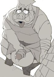 2023 anthro apron balls big_balls bodily_fluids clothing cum domestic_pig eyewear genital_fluids genitals glasses hi_res kemono male mammal masturbation overweight overweight_male penis ping solo suid suina sus_(pig) sweat taro_heppoko tongue tongue_out