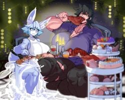 bulge bulge_rubbing busty_boy cum cum_on_penis cumshot date dinner dinner_date eating excessive_cum femboy food futa_with_male futanari gigantic_breasts gigantic_penis hyper hyper_penis lywdmaru muscular_futanari original_character penis_outline power_(powerslamming) powerslamming torn_clothes tristan_(bluebunboi)