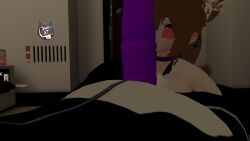 blush brown_hair cat_ears cat_tail catboy choker femboy femboyiguess friends friends_with_benefits grey_eyes harness homiesexual horsecock licking purple_dick purple_horsecock purple_penis self_upload vrchat vrchat_avatar worshiping