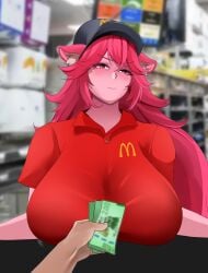 angry_face animal_ears big_breasts embarrassed faceless_male hi_res hot_pink_hair latam_virtual_youtuber long_hair lunaria_ayaren mcdonald's neffario offering pov uniform virtual_youtuber vtuber vtuberfanart youtube_hispanic