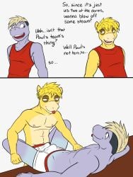anthro anthrofied blep briefs briefs_only bulge bulge_frottage casual_sex clothed clothing comic dialogue dry_humping duo english_text erection erection_under_clothing fuze gay generation_1_pokemon generation_3_pokemon hi_res legs_around_partner lying machop male male/male navel nintendo nipples numel on_back pokemon pokemon_(species) pokemorph rex_(fuze) rodd_(fuze) sex shirt simple_background suntan tan_line tank_top tenting text tongue tongue_out topless topwear underwear underwear_only white_background