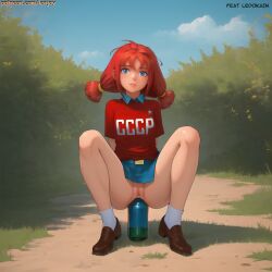 1girls ai_generated anal anal_masturbation anal_object_insertion blue_eyes bottle bottle_in_ass everlasting_summer female female_only lenjoy outdoors pussy red_hair ulyana_(everlasting_summer) watermark