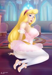 aurora_(sleeping_beauty) ballerina ballet_slippers bare_shoulders big_breasts blonde_hair breasts disney disney_princess female female_only glamourpink legs leotard_peek lips lipstick long_hair looking_at_viewer pantyhose patreon princess sleeping_beauty_(1959_film) tights tutu upskirt white_tights