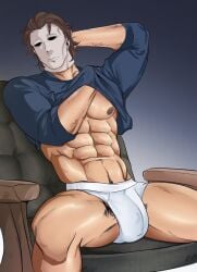 1boy 2023 arm_behind_head bara bara_tits barazoku bluewdump briefs bulge clothing gay halloween halloween_(series) hi_res highres male male_focus male_nipples male_only male_pubic_hair manly michael_myers muscular_male nipples solo solo_male spread_legs underwear yaoi