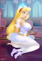 arms aurora_(sleeping_beauty) ballerina ballet_slippers bare_shoulders big_breasts blonde_hair breasts disney disney_princess female female_only glamourpink legs leotard_peek lips lipstick long_hair looking_at_viewer pantyhose patreon princess royalty sleeping_beauty_(1959_film) tights tutu upskirt white_tights