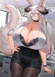 1girls 2023 2d 2d_(artwork) 5_fingers big_breasts blood_hood breasts cleavage collar cross ear female female_focus female_only fraeya_(vtuber) glasses gold_(metal) gold_jewelry hi_res highres hips horns huge_breasts jewelry large_breasts light-skinned_female light_skin lingerie long_ears long_hair office office_lady pink_eyes see-through see-through_clothing skirt smile smiling smiling_at_viewer solo solo_female solo_focus stockings thick_thighs thighs tight_clothing virtual_youtuber vtuber watch white_hair white_shirt wide_hips wolf wolf_ears wolf_girl wolf_tail