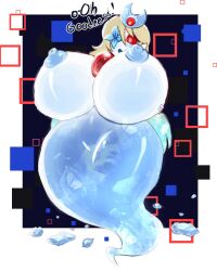 aspenofsimpcon big_breasts breast_expansion breasts dialogue elemental_creature expansion female ghost hair hi_res huge_breasts hyper hyper_breasts ice ice_creature long_hair mineral_fauna one_eye_closed solo spirit surprise surprised_expression text thick_thighs vannie_(aspen) wide_hips