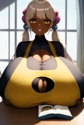 1girls ai_generated apron black_shirt book breast_rest breasts breasts_bigger_than_torso breasts_on_table button_gap button_shirt buttoned_shirt cleavage cleavage_cutout cleavage_window cook cooking_book cream_hair dark_skin face_in_shadow front_heavy_breasts gigantic_breasts glowing_eyes gold_eyes golden_eyes goobla gritted_teeth hair_ornaments heavy_breasts hololive hololive_english hololive_english_-council- hyper_breasts long_twintails open_book paizuri_invitation platinum_blonde_hair smile tsukumo_sana twintails unbuttoned unbuttoned_shirt virtual_youtuber white_hair yellow_apron yellow_clothing yellow_eyes