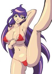 1girls areola_slip arm_behind_head armpits big_breasts bikini breasts busty cleavage delacroix_arts female female_only green_eyes highres large_breasts leaning_forward leg_lift long_hair looking_at_viewer navel nipple_slip open_mouth original parted_lips pose posing purple_hair red_bikini seductive seductive_smile sensual smile swimsuit teasing thick_thighs thighs thong_bikini voluptuous wink