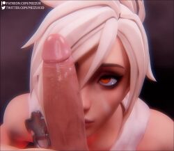 1boy 1girls 3d 3d_(artwork) absurdres english_commentary erection fellatio female highres large_penis league_of_legends light_skinned_female light_skinned_male looking_at_penis male male/female mizzuh orange_eyes patreon_logo patreon_username penis penis_on_face pov red_eyes riven straight twitter_logo twitter_username white_hair