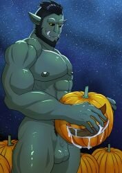 1boy 2021 balls bara bara_tits barazoku beard big_balls big_penis completely_nude cum cum_drip cum_dripping_from_penis edogast erection facial_hair fangs fucking_pumpkin gay genital_fluids green-skinned_male green_body green_skin hairy halloween hi_res highres holidays jack-o'-lantern jack_o'_lantern looking_at_viewer male male_focus male_nipples male_only male_pubic_hair manly muscular_male nipples nude orc orc_male penis pointy_ears pumpkin pumpkin_masturbation solo solo_male teeth teeth_visible