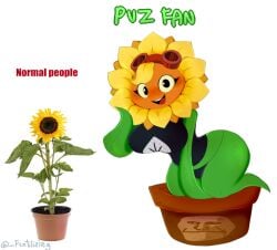 bending_over big_breasts big_thighs breasts crop_top curvy female fertilizing_(artist) goggles_on_head googles green_skin large_breasts meme plant plant_girl plantie plants_vs_zombies plants_vs_zombies:_heroes pot smiling_at_viewer soil solar_flare_(pvz) sunflower text troll_face trollface trollge