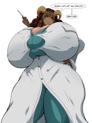 1girls 2023 2d 2d_(artwork) anthro anthro_only ass ass big_ass big_breasts big_butt big_thighs breasts brown_fur cleavage clothed curly_hair dialogue doctor english english_text female female female_focus female_only furry furry_female furry_only goat goat_ears goat_horns hair hand_on_hip hi_res highres hips huge_breasts jludragoon large_breasts large_thighs original original_character scrubs severa_tettona_(dreamy_pride) simple_background solo solo_female solo_focus thermometer thick_thighs thigh_gap thighs tight_clothing white_background wide_hips