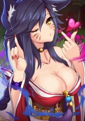 ahri black_hair blowing_kiss breasts cleavage dark_hair female female_only fox_ears fox_girl kissing kitsune league_of_legends long_hair pudding300 riot_games vastaya yellow_eyes