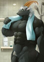 1boy abs absurd_res after_shower anthro balls bathroom black_body black_fur bovid caprine flaccid fur genitals goat green_eyes hair hi_res horn lifewonders male male_only mammal muscular muscular_anthro muscular_male nipples nude pecs penis pubes solo tanngrisnir_(tokyo_afterschool_summoners) tokyo_afterschool_summoners toranoyouhei towel white_hair