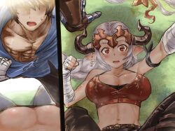 1boy 1girls abs accidental_circumstance aliza_(granblue_fantasy) belt big_breasts black_bra blue_shirt bovine_ears braided_ponytail breasts brown_hair brown_pants circlet cleavage draph draph_race_(granblue_fantasy) earrings embarrassed faceless_male female female_pov fit_female fit_male gran_(granblue_fantasy) granblue_fantasy grass hand_wraps horns human kekeshi_mitsuru large_breasts light-skinned_female light-skinned_male light_skin long_hair looking_at_another male male_pov male_protagonist muscles muscular muscular_male navel open_mouth outdoors pants pointed_ears pointy_ears ponytail pov red_eyes red_sports_bra shiny_hair shiny_skin shirt_grab sports_bra sweat sweatdrop toned_female torn_clothes torn_shirt white_hair