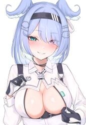 absurdres aura_(aurapls) black_gloves blue_hair blush breasts cleavage cleavage_cutout clothing_cutout elira_pendora elira_pendora_(4th_costume) female gloves hair_ornament hairband hairclip head_wings heterochromia highres large_breasts looking_at_viewer medium_hair nijisanji nijisanji_en shirt smile suspenders virtual_youtuber white_shirt wings