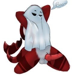 anthro clothing costume fish genitals ghost halloween hi_res holidays knot lagomorph leporid male mamavixy mammal marine penis presenting rabbit shaded shark solo spirit