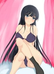 1girls ashino bangs black_hair blunt_bangs bra cleavage crossed_legs female female_only grey_eyes ikaruga_(senran_kagura) large_breasts light-skinned_female light_skin looking_at_viewer marvelous panties senran_kagura sitting smile solo straight_hair very_long_hair