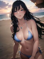 1girls ai_generated ai_mirror beach belly_button black_hair blue_bikini blue_eyes blush crag long_hair looking_at_viewer necklace sand sea seaside small_bikini small_breasts sunset walking_towards_viewer wave white_skin