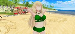 1girls 3d armpits arms_behind_head beach big_breasts bikini blonde_hair busty cleavage closed_eyes female female_only green_bikini hi_res large_breasts legs long_hair looking_at_viewer navel neptunia_(series) ocean pose posing sexy_armpits smile swimsuit thighs vert water