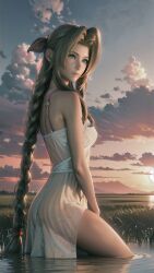 aerith_gainsborough ai_generated braided_ponytail brown_hair detailed_background final_fantasy final_fantasy_vii final_fantasy_vii_remake grass green_eyes hair_ribbon ponytail sunset wet_dress white_dress