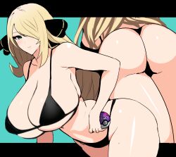 1girls ass bent_over big_ass big_breasts bikini black_bikini blonde_hair breasts busty cleavage cynthia_(pokemon) fat_ass female female_only from_behind game_freak green_eyes hair_over_one_eye huge_breasts legs long_hair looking_at_viewer master_ball mature_female multiple_views nintendo poke_ball pokemon pokemon_(game) pokemon_dppt seductive seductive_smile sensual smile solo swimsuit thick_thighs thighs thong_bikini very_long_hair