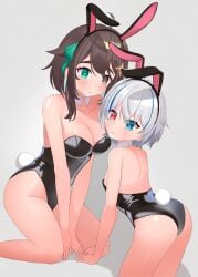 2girls blush brown_hair bunny_ears bunny_tail bunnysuit cleavage eternals_(idol_corp) heterochromia highres idol_corp idol_es latam_virtual_youtuber light-skinned_female light_skin looking_back meica nisha_nixyeva short_hair simple_background small_breasts virtual_youtuber vtuber vtuberfanart white_hair